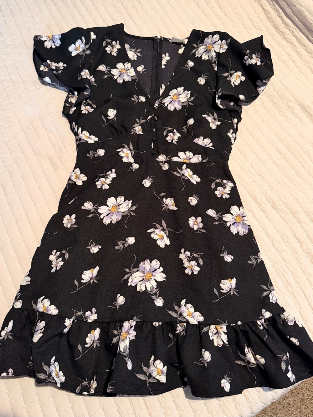 Black Floral Mini Dress with Ruffle Hem